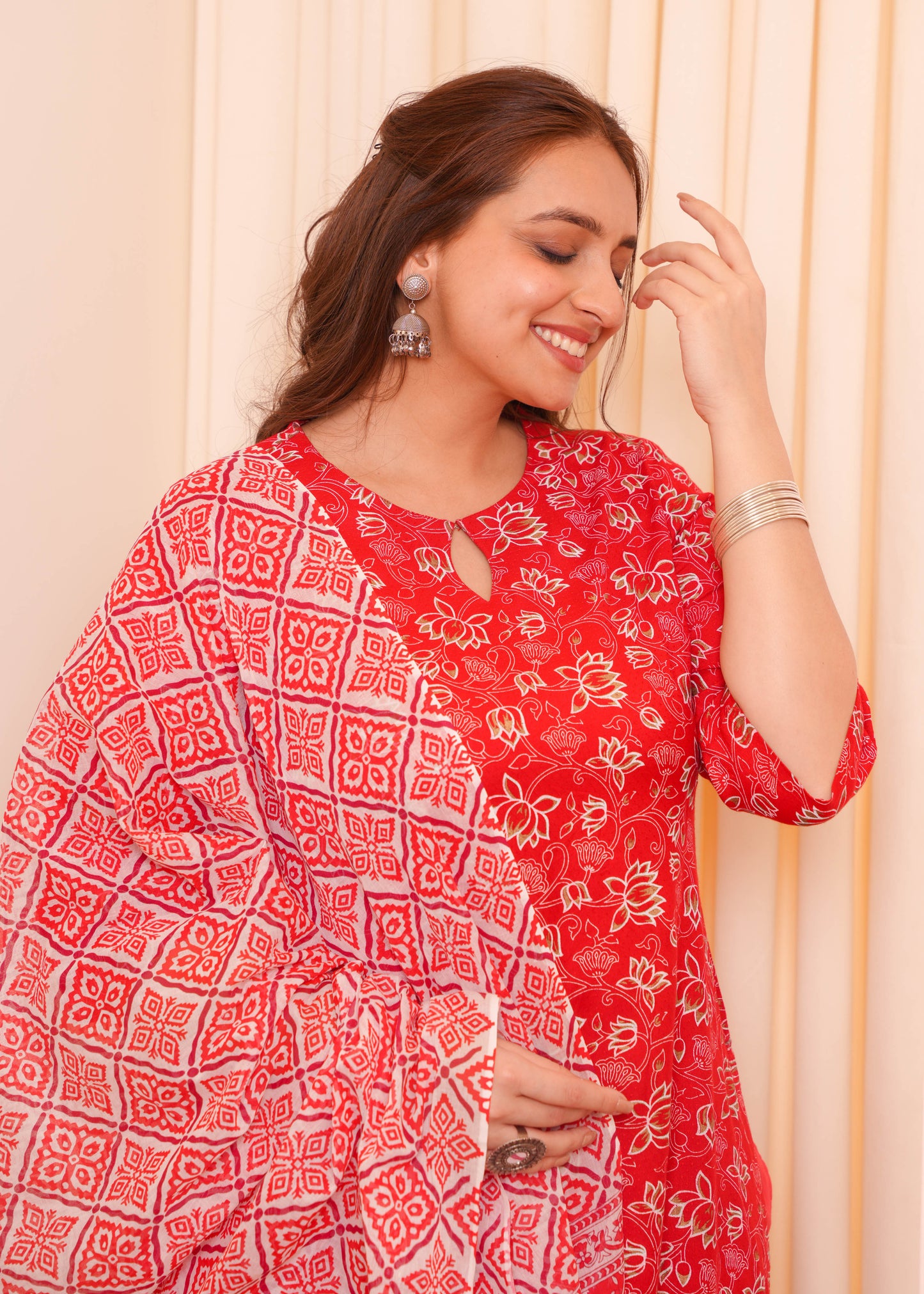 Viscose Floral Straight Red Kurta