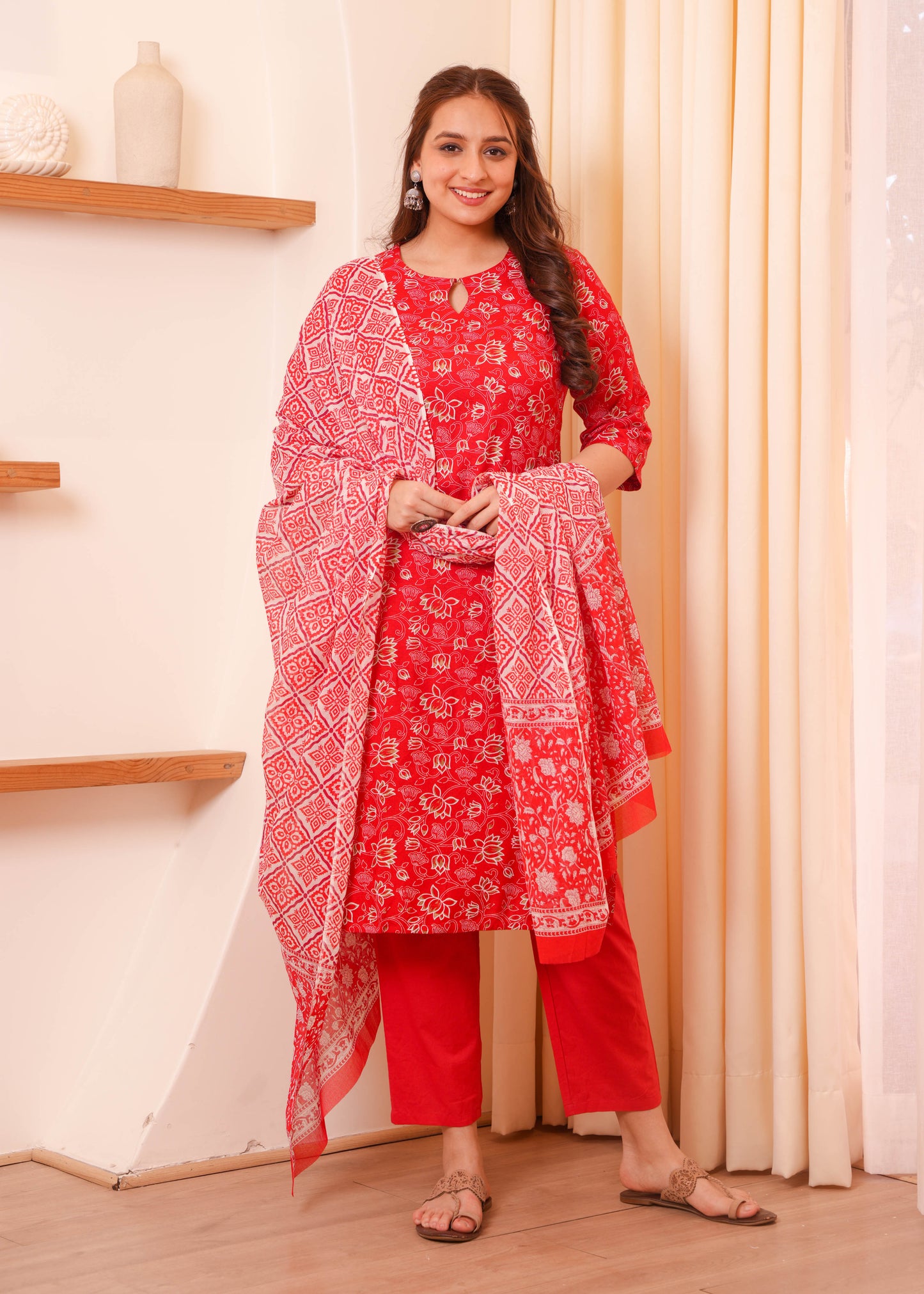 Viscose Floral Straight Red Kurta