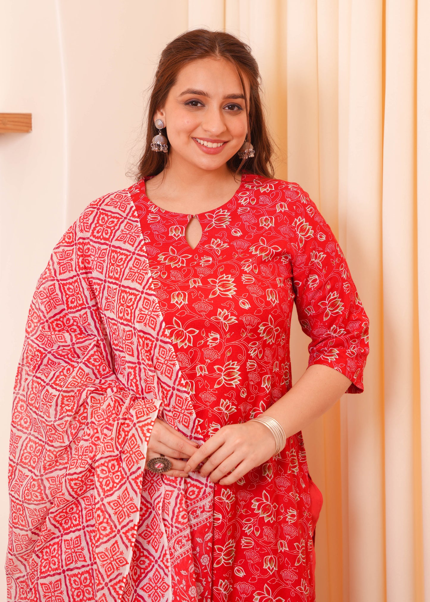 Viscose Floral Straight Red Kurta