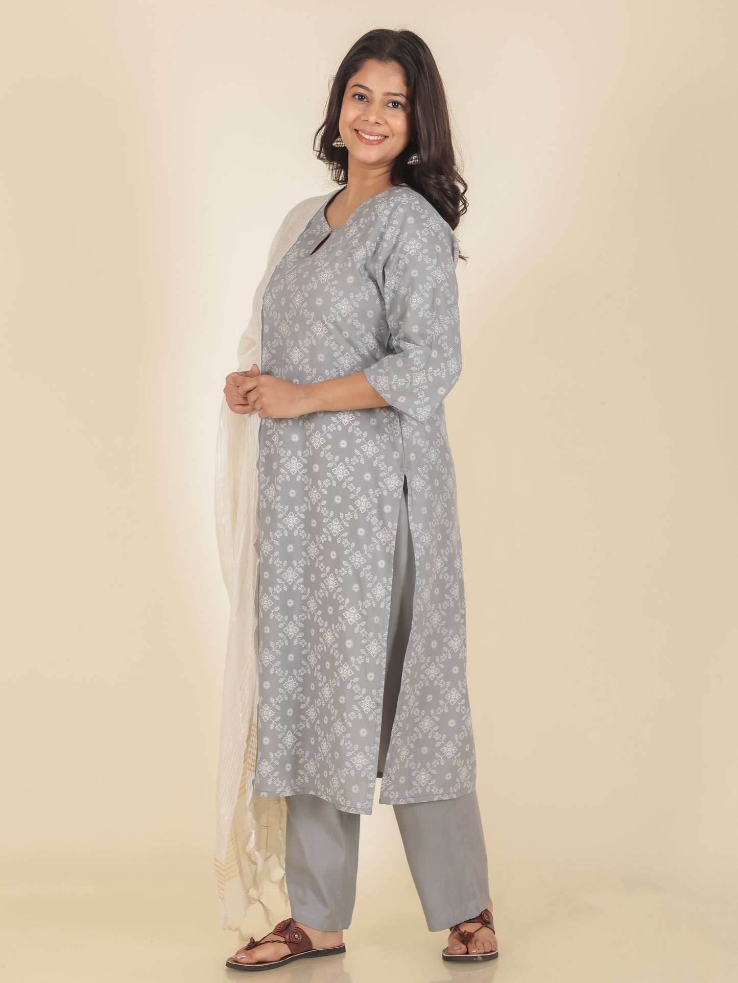 Viscose Floral Straight Grey Kurta