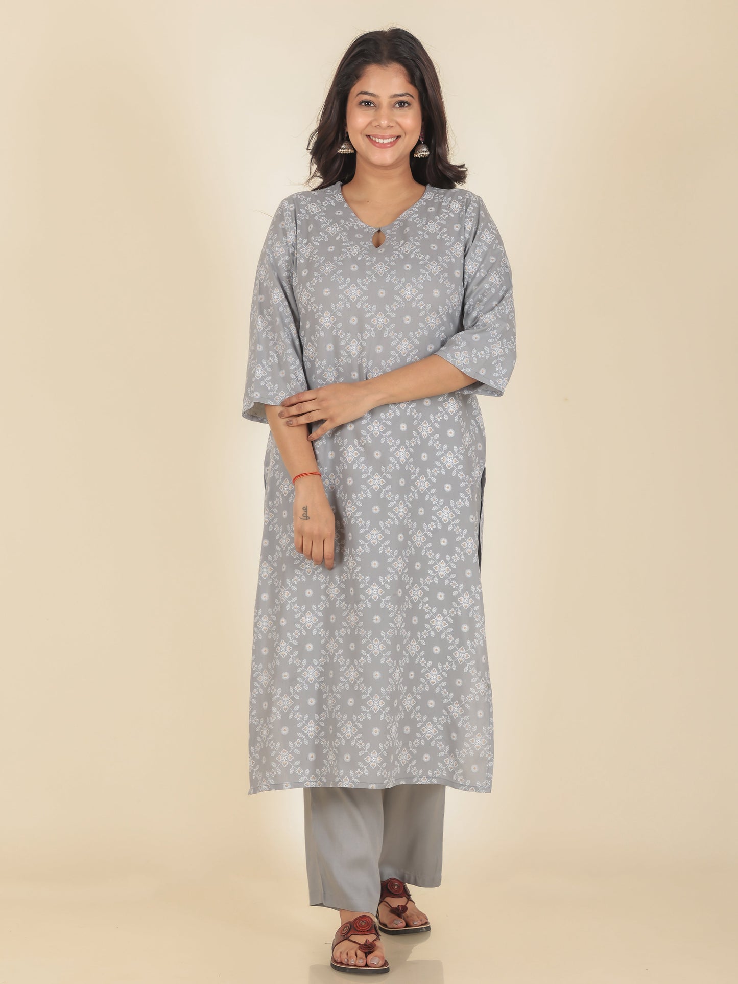 Viscose Floral Straight Grey Kurta
