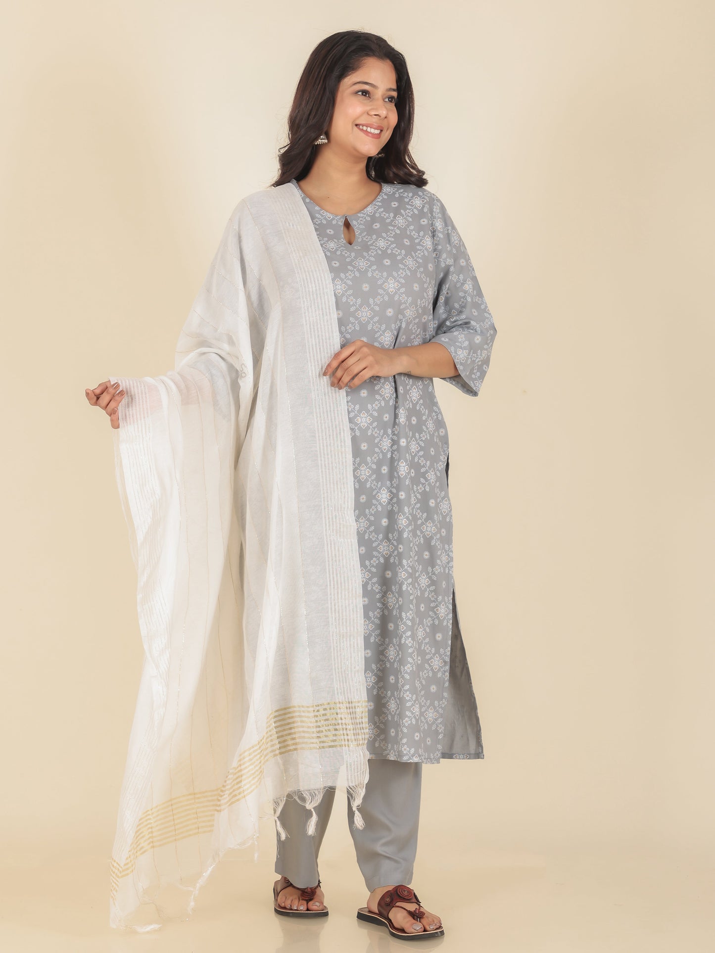 Viscose Floral Straight Grey Kurta