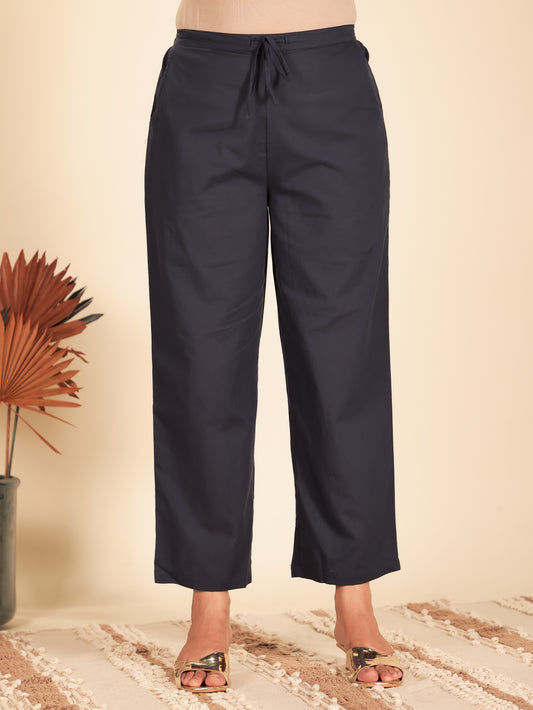 Soft Cotton Solid Blue Straight Trousers