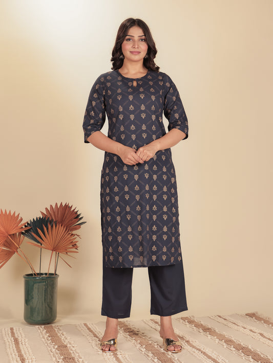 Soft Cotton Floral Straight Blue Kurta