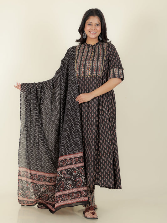 Soft Cotton Ajrakh Panelled Black Kurta