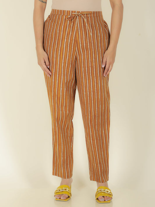 Kantha Cotton Striped Brown Tapered Trousers