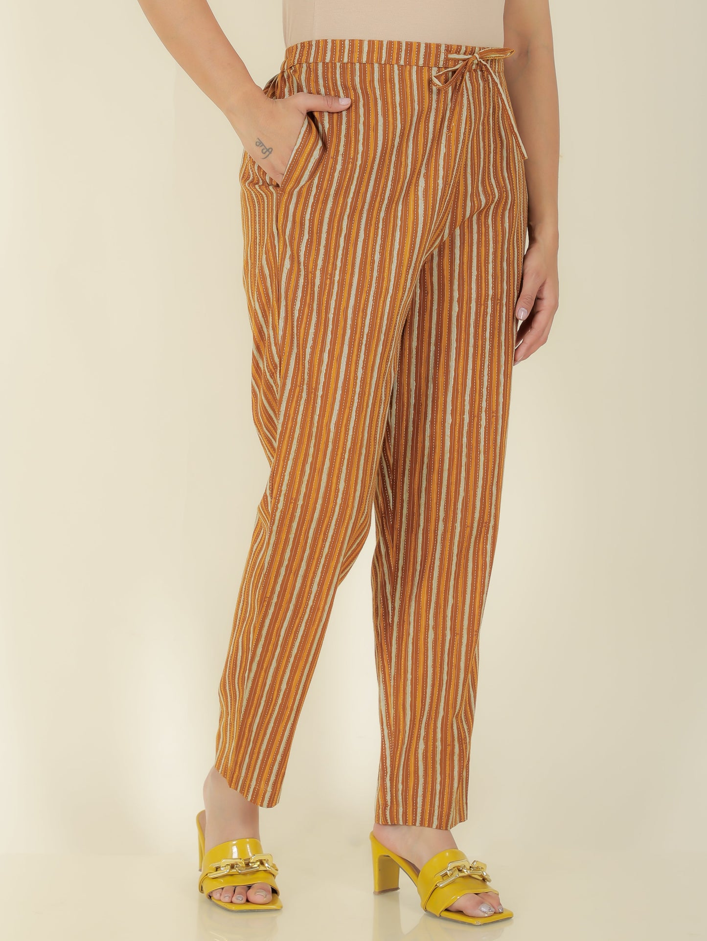 Kantha Cotton Striped Brown Tapered Trousers
