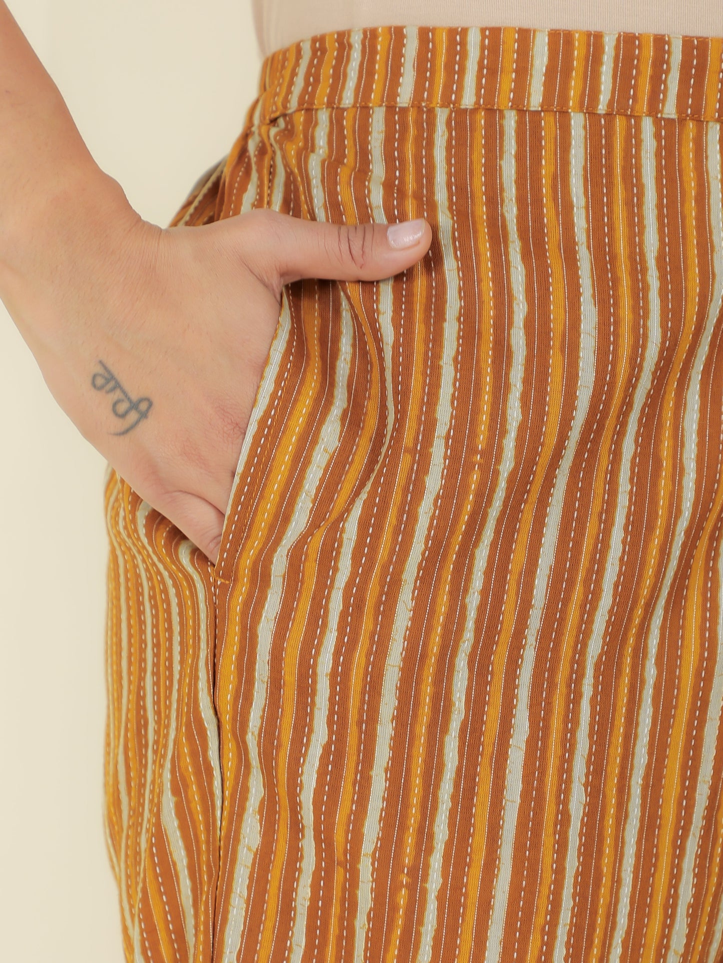 Kantha Cotton Striped Brown Tapered Trousers
