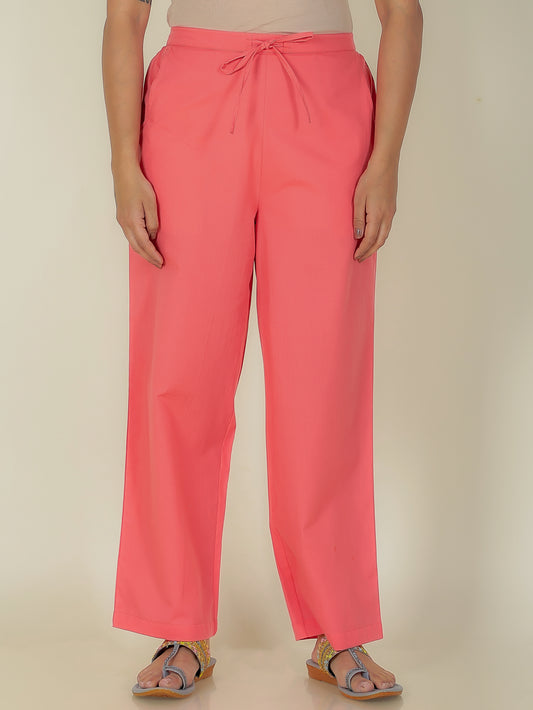 Soft Cotton Solid Pink Straight Trousers