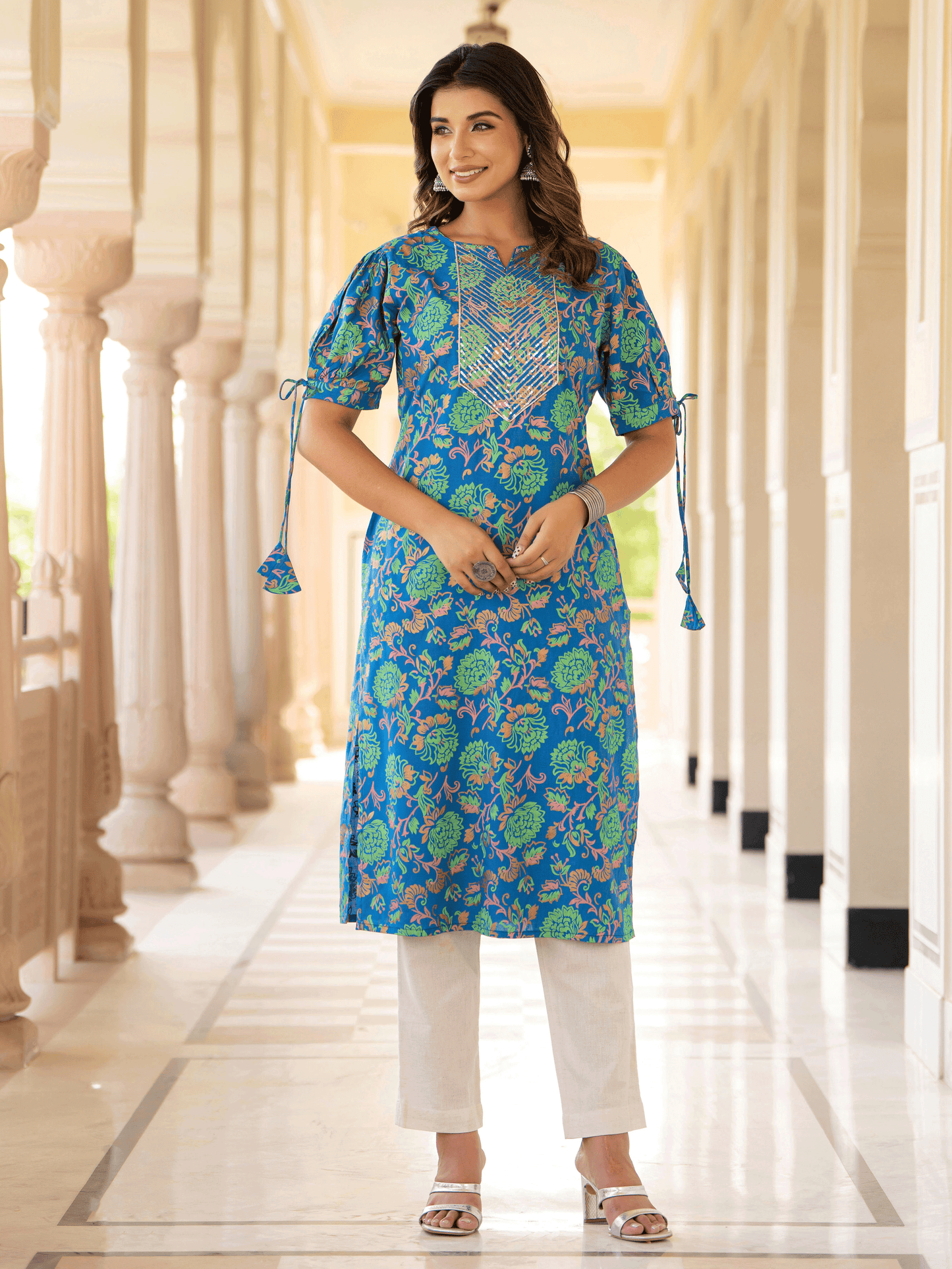 Embroidered Viscose Floral Straight Blue Kurta