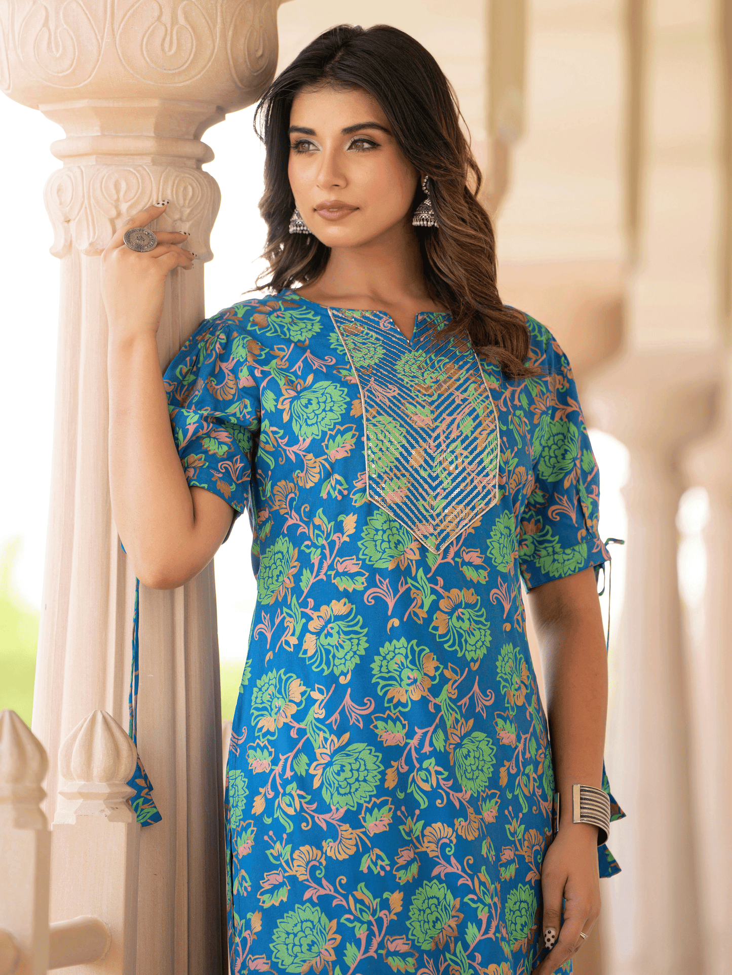 Embroidered Viscose Floral Straight Blue Kurta