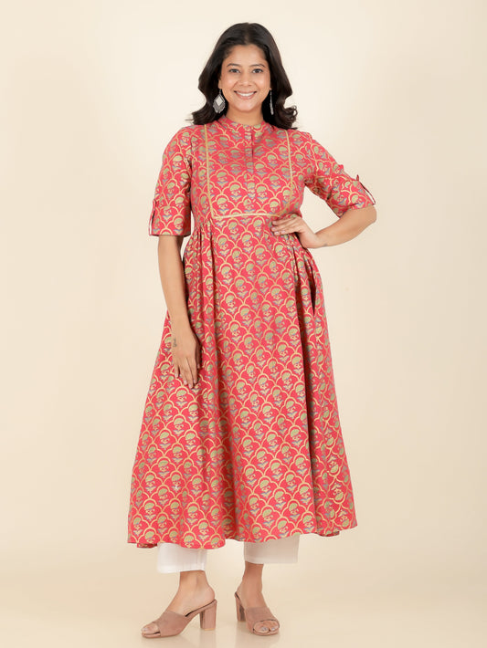 Viscose Floral Panelled Pink Kurta
