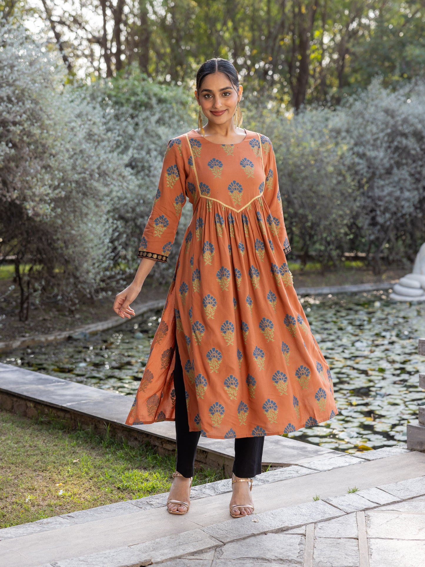 Viscose Butti A-line Rust Orange Kurta