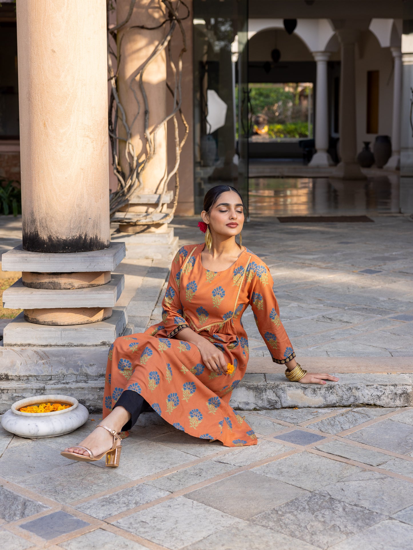 Viscose Butti A-line Rust Orange Kurta