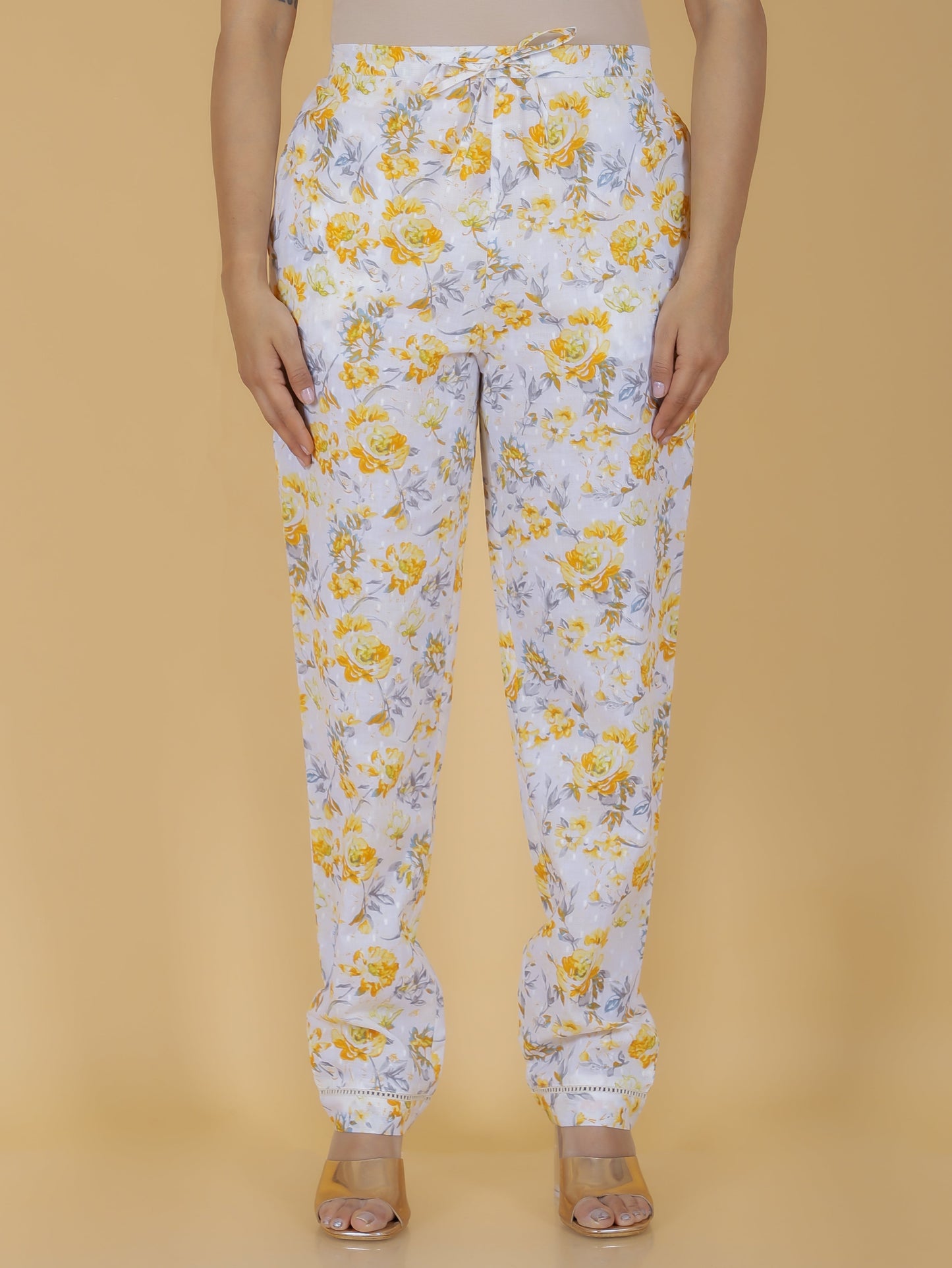 Textured Cotton Floral Yellow Tapered Trousers