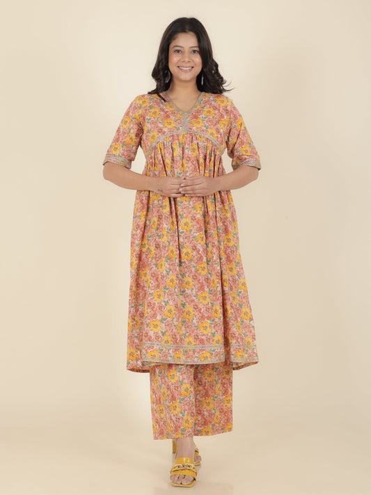 Soft Cotton Floral Anarkali Pink Kurta