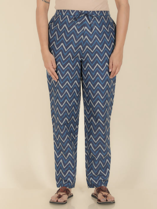 Kantha Cotton Chevron Blue Tapered Trousers
