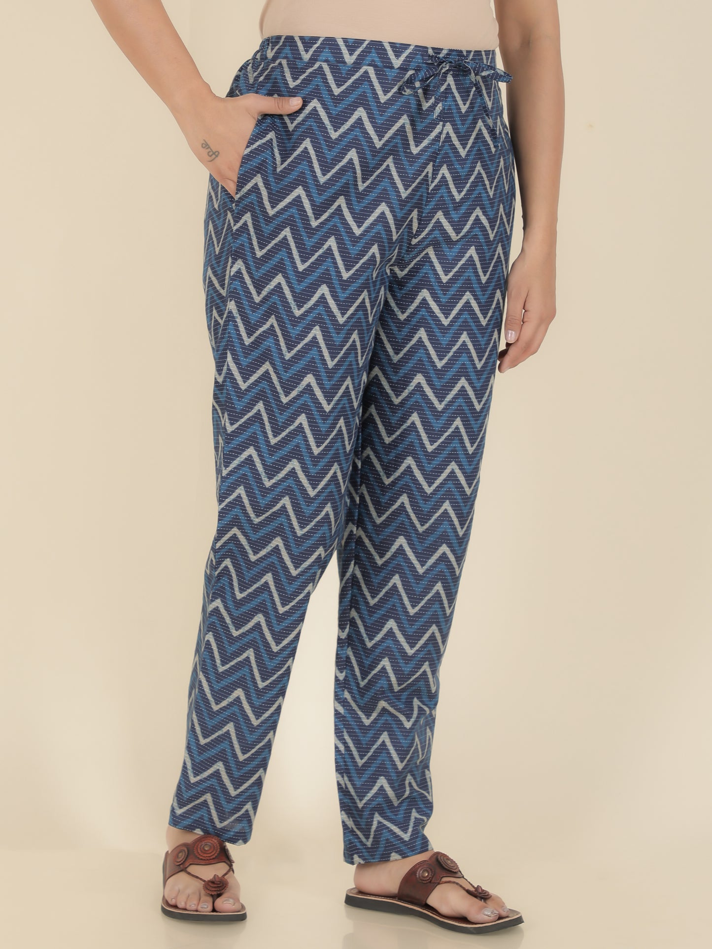 Kantha Cotton Chevron Blue Tapered Trousers