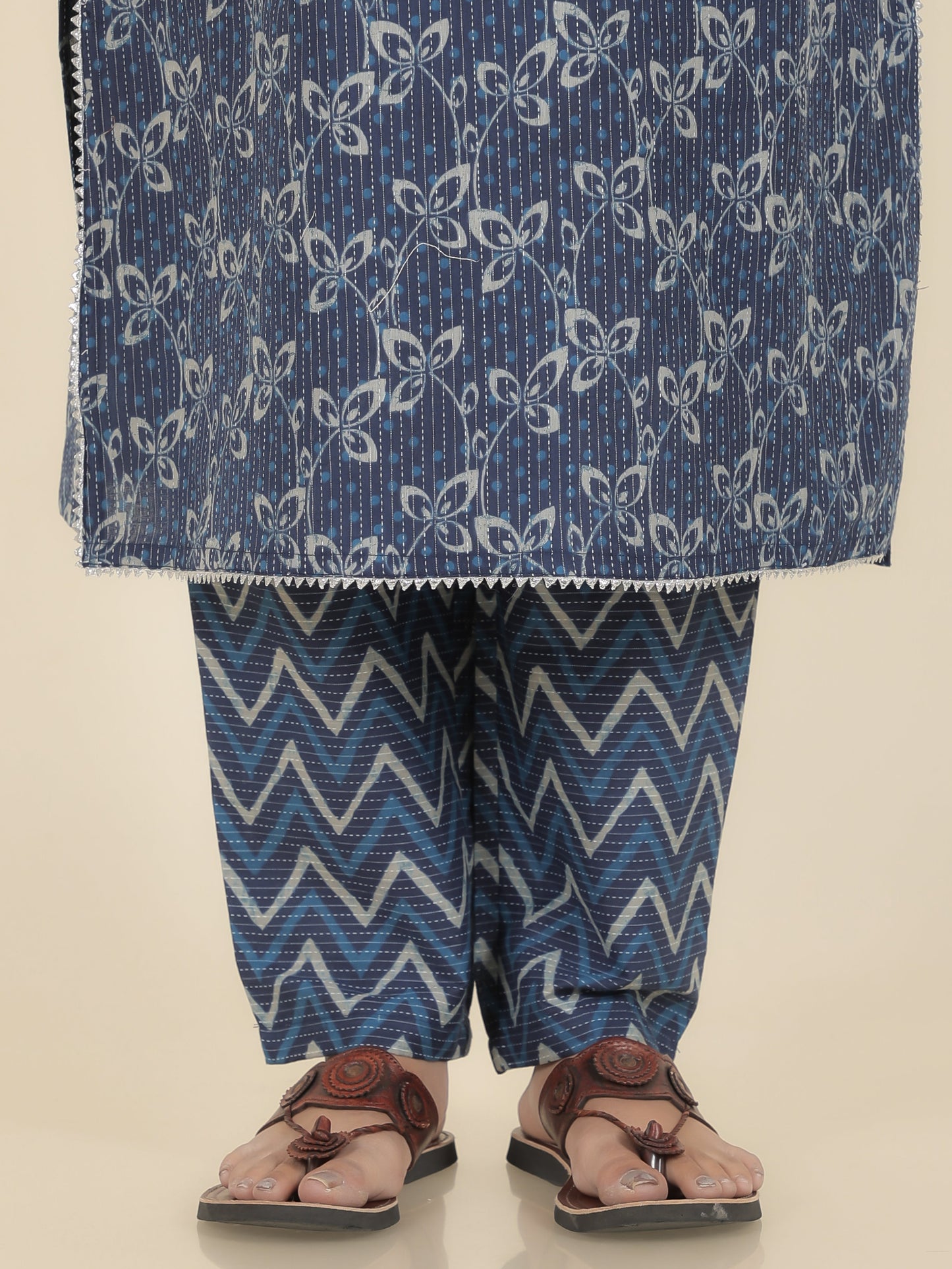 Kantha Cotton Floral Straight Blue Kurta