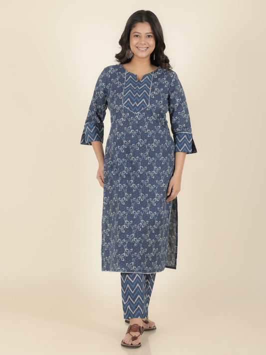 Kantha Cotton Floral Straight Blue Kurta