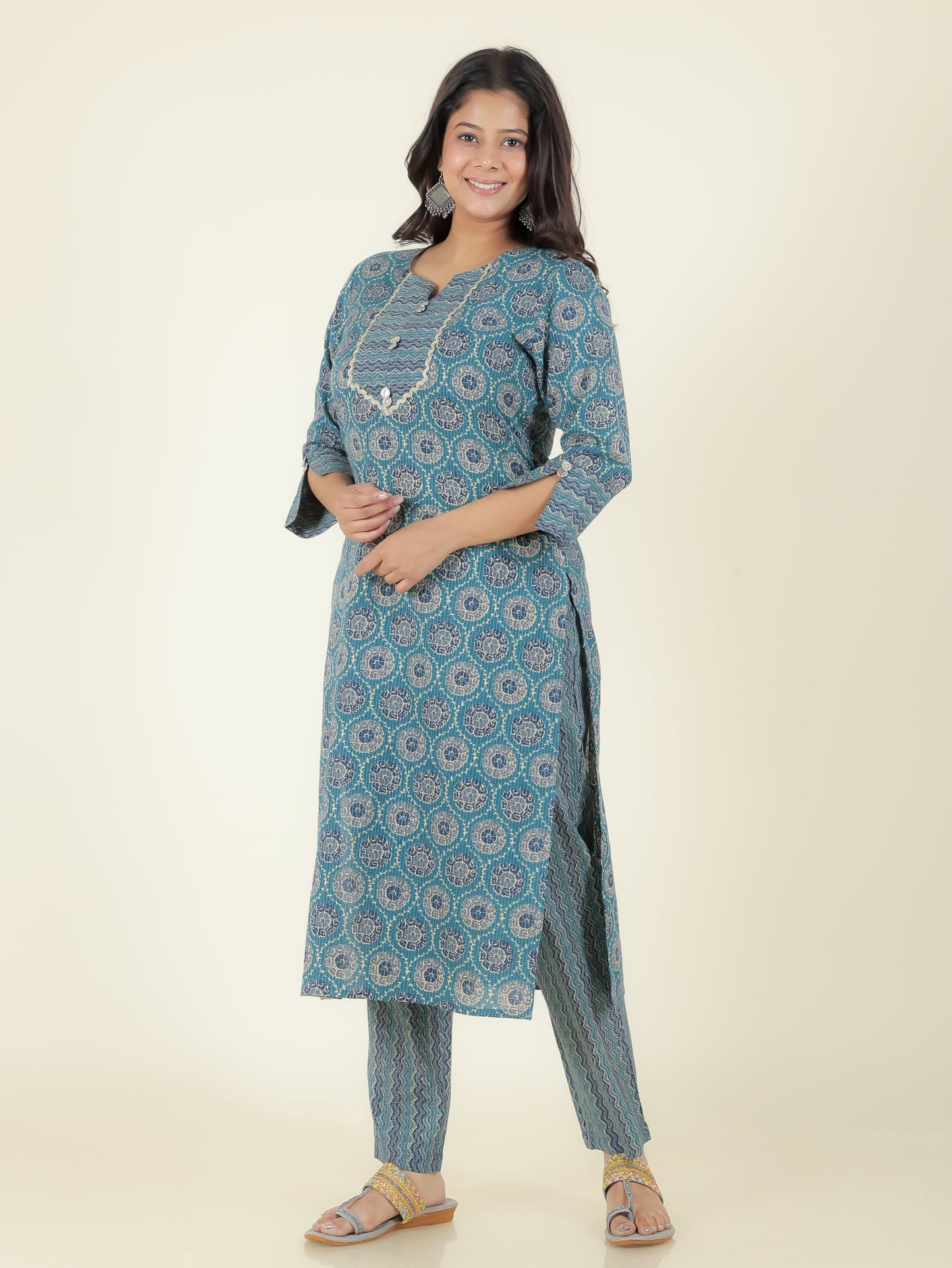Kantha Cotton Geometric Straight Green Kurta