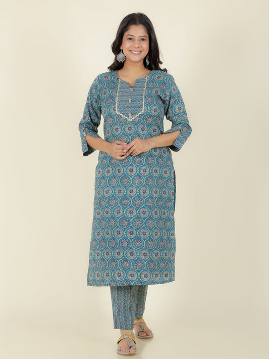 Kantha Cotton Geometric Straight Green Kurta