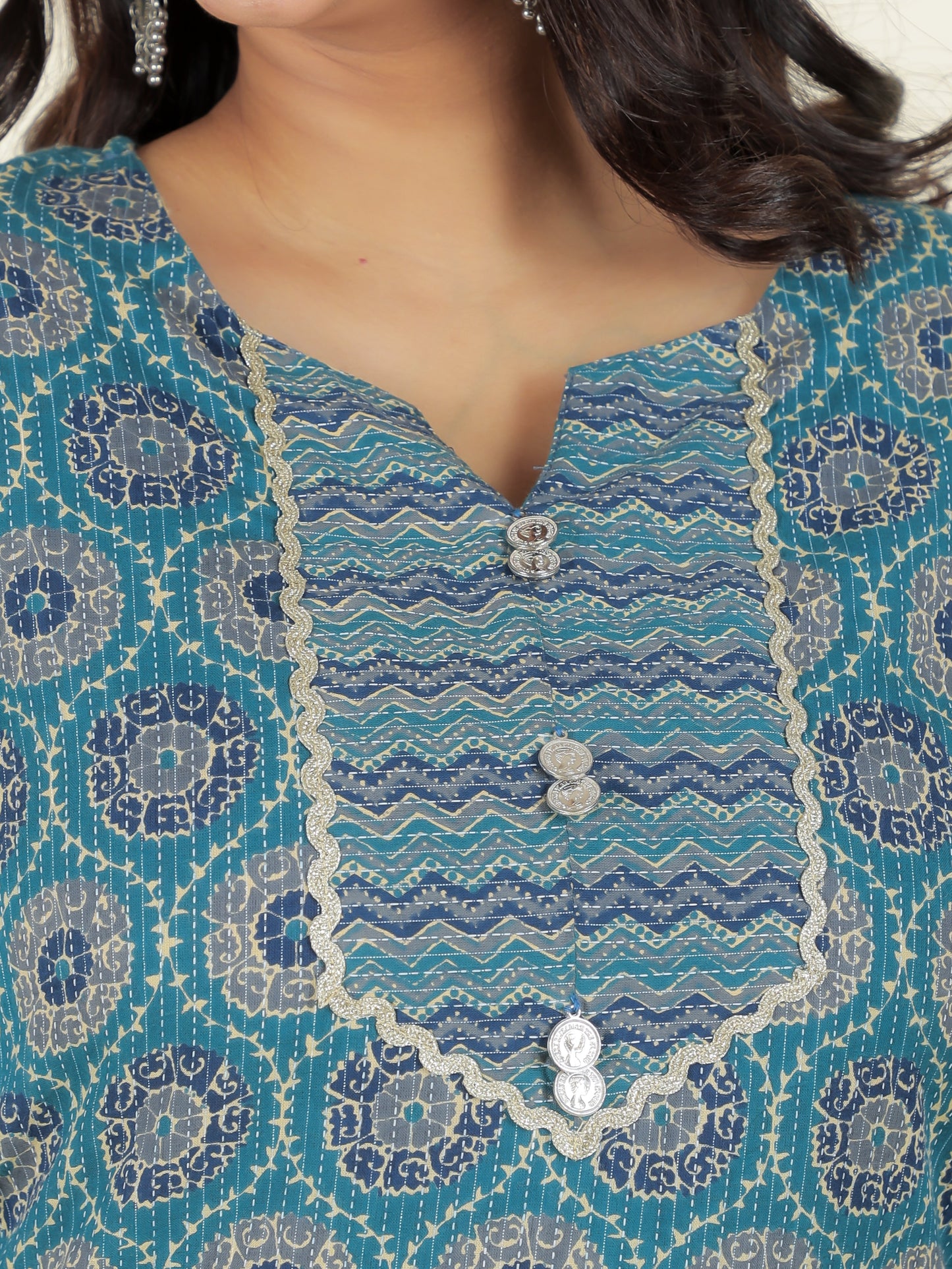 Kantha Cotton Geometric Straight Green Kurta