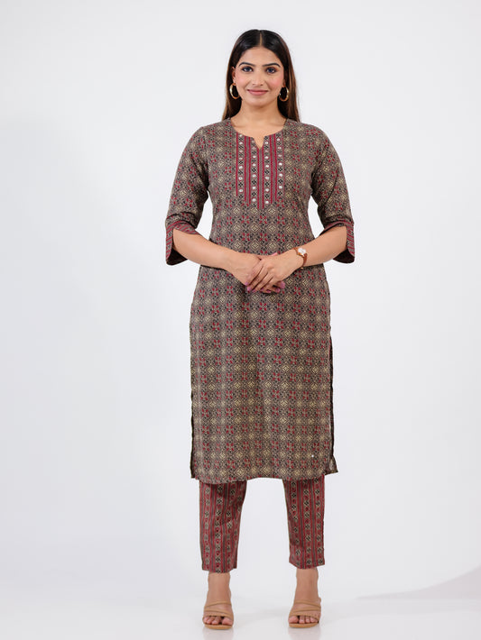 Soft Cotton Ajrakh Straight Brown Kurta