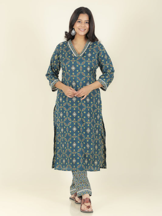 Soft Cotton Geometric Straight Green Kurta