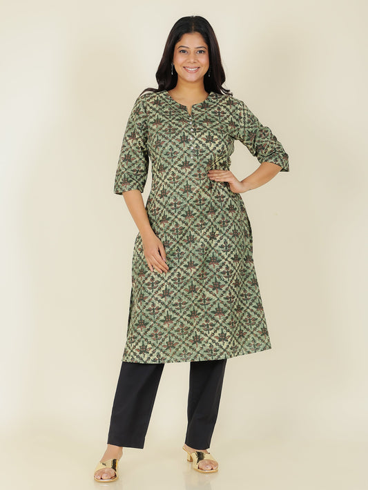 Soft Cotton Floral A-line Green Kurta