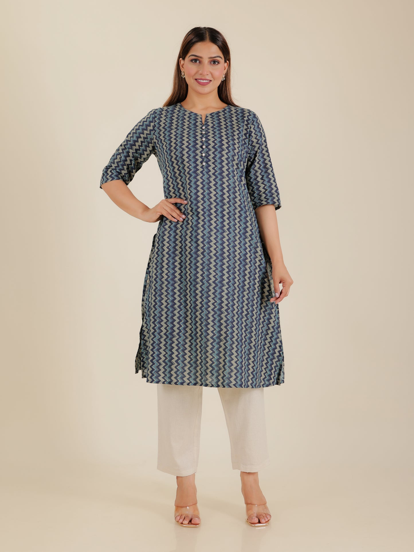 Soft Cotton Chevron A-line Blue Kurta