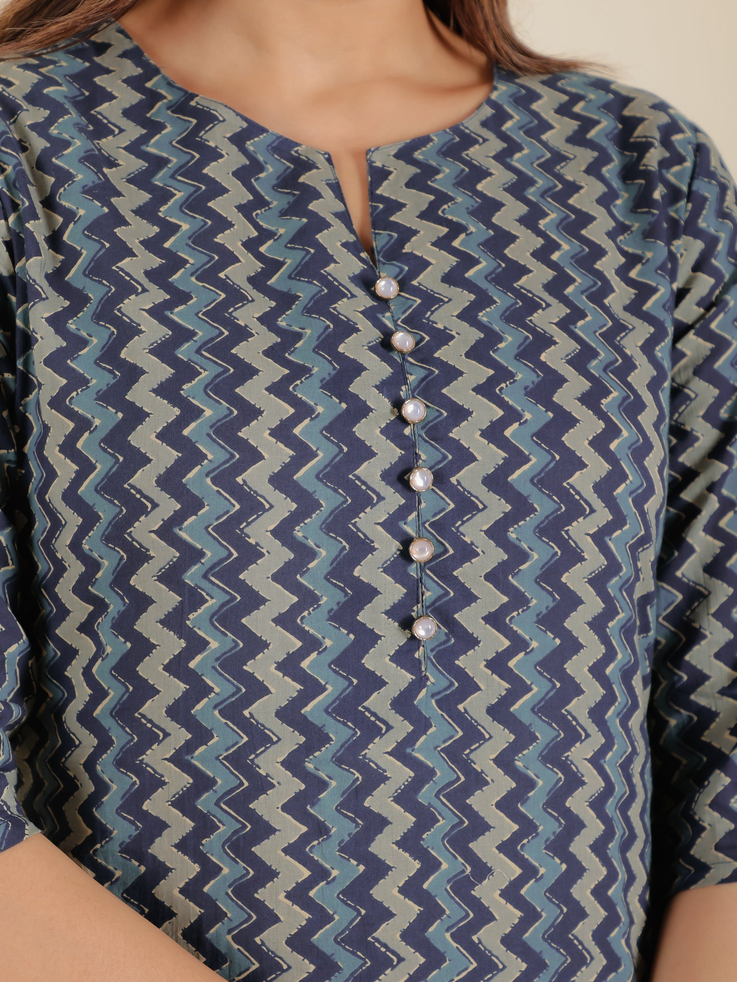 Soft Cotton Chevron A-line Blue Kurta