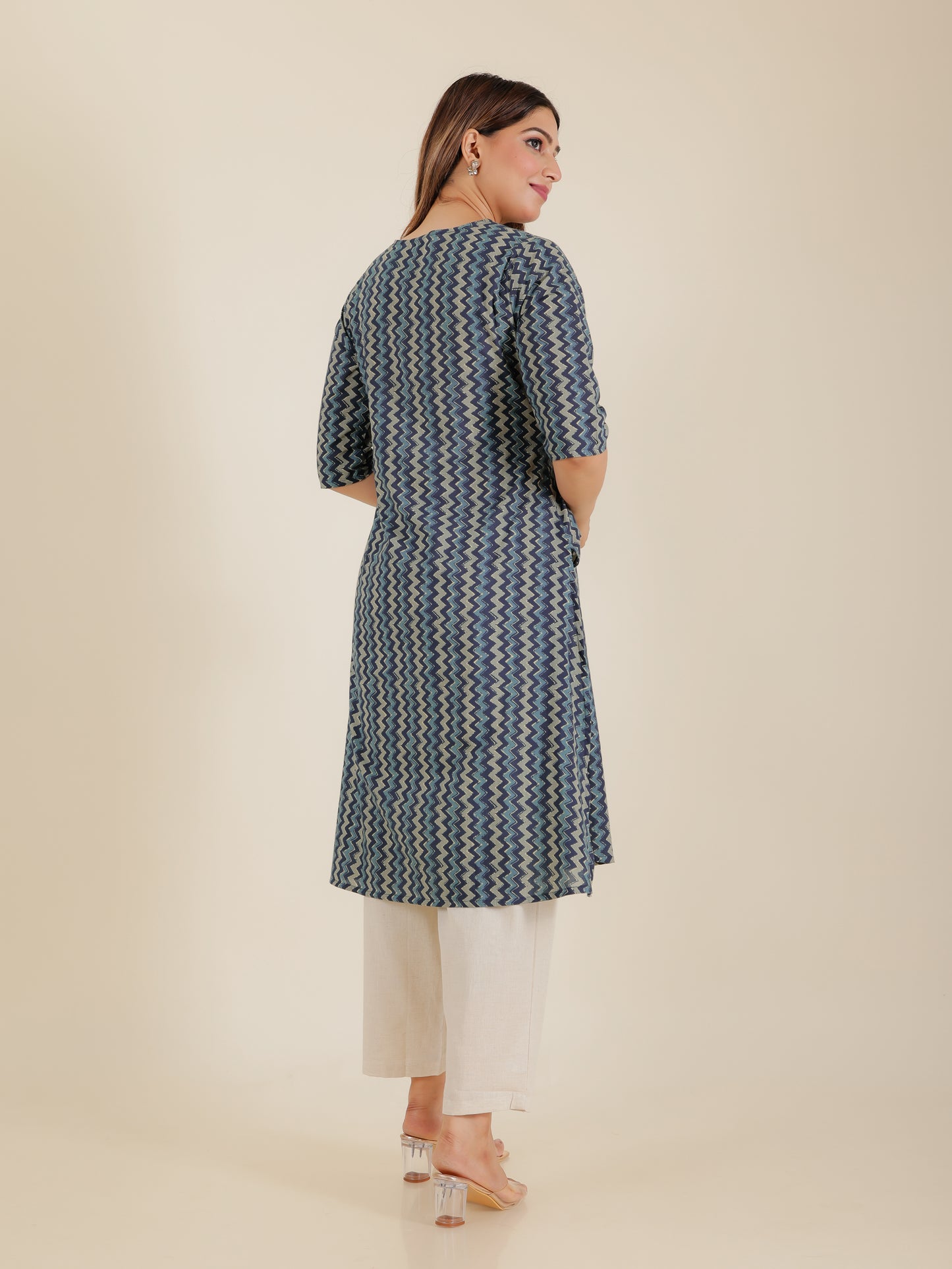 Soft Cotton Chevron A-line Blue Kurta
