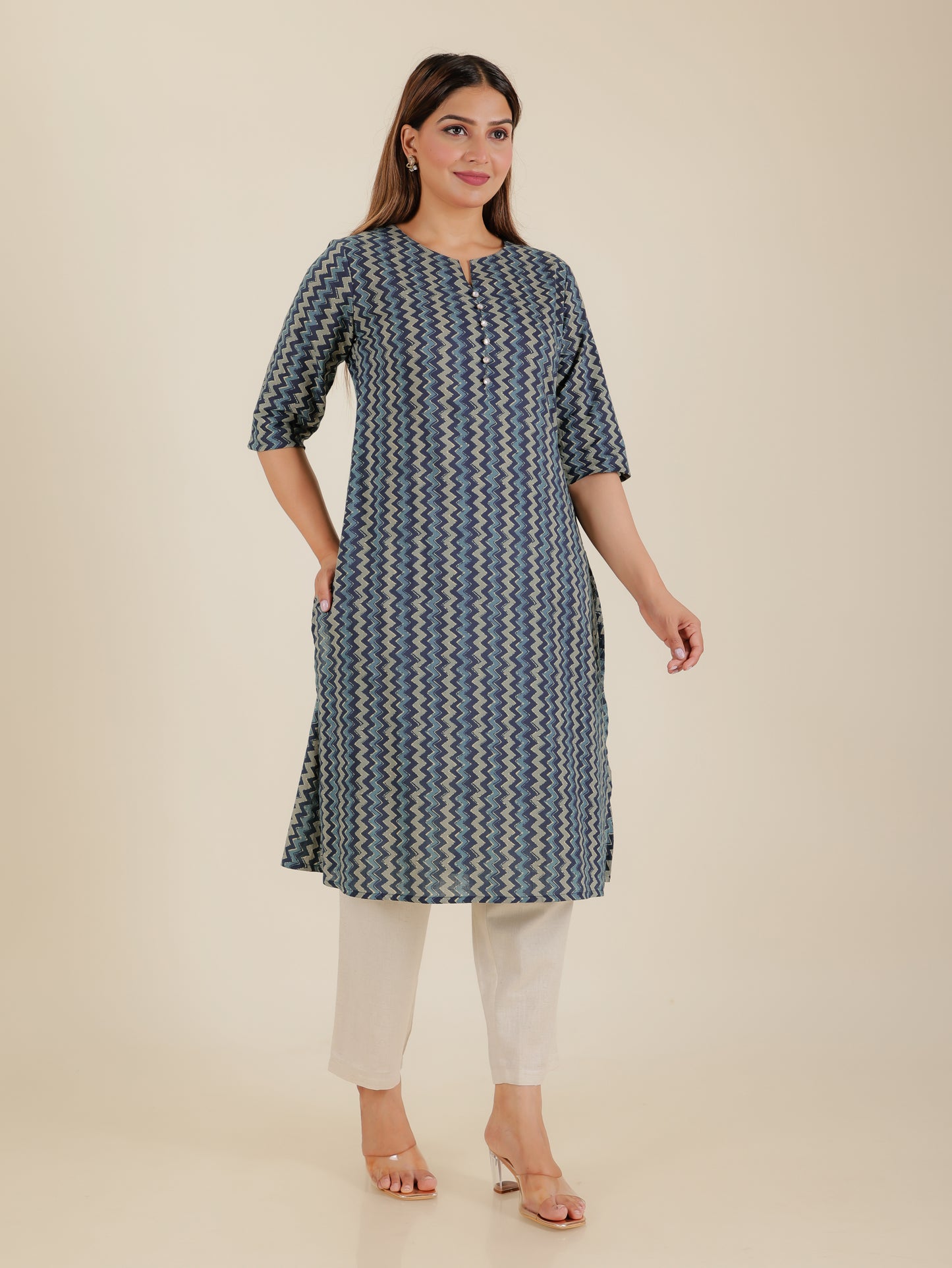 Soft Cotton Chevron A-line Blue Kurta