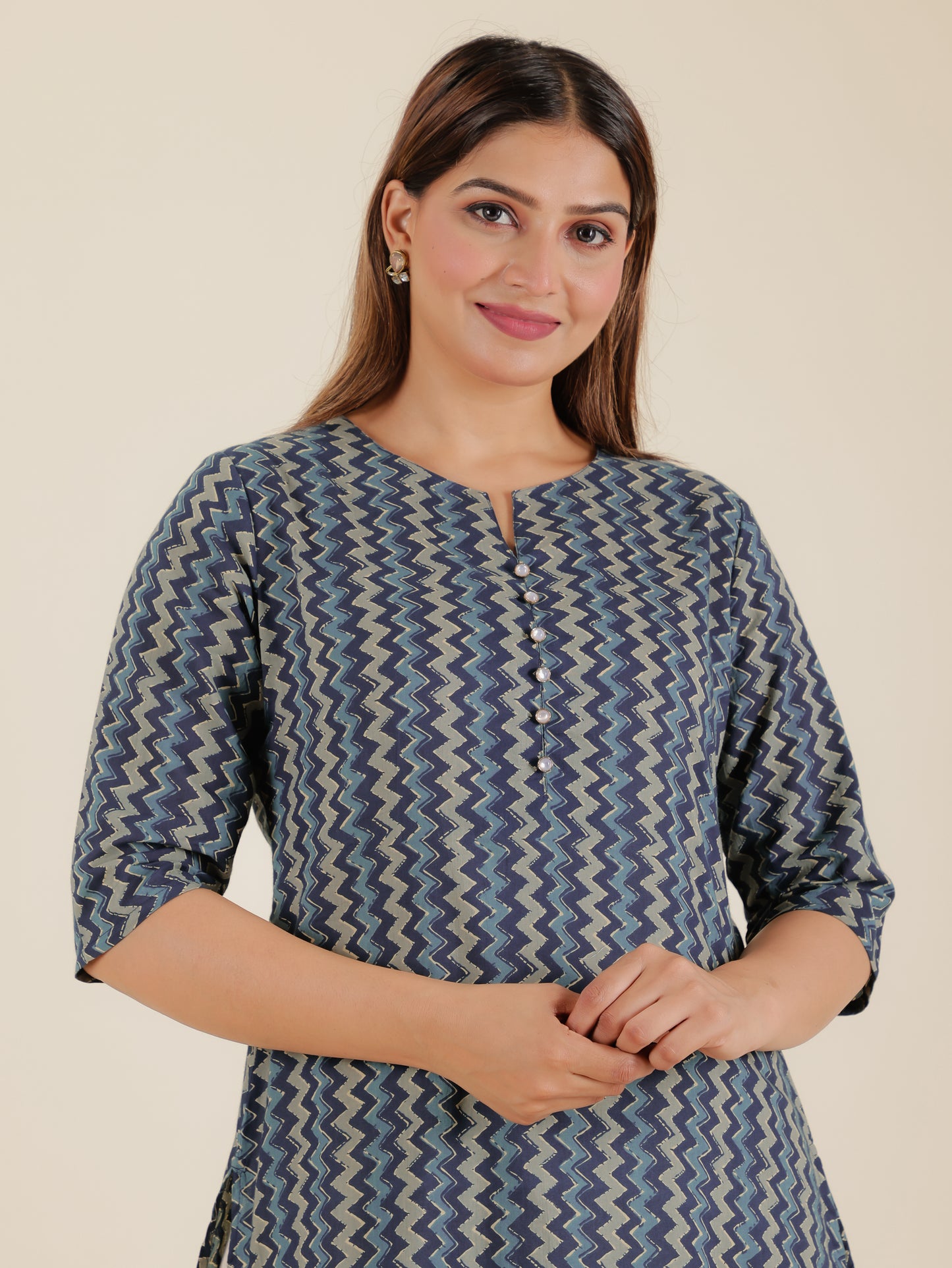 Soft Cotton Chevron A-line Blue Kurta