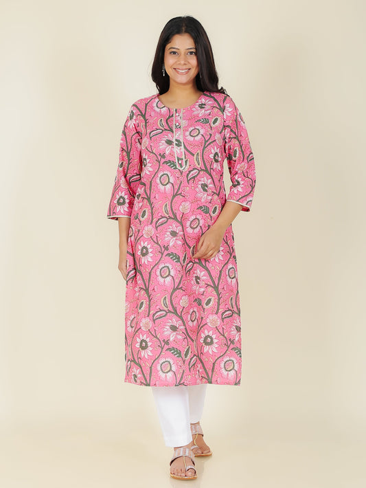 Soft Cotton Floral Straight Pink Kurta