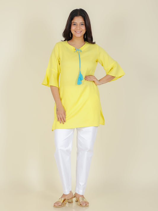 Viscose Solid Straight Yellow Kurti