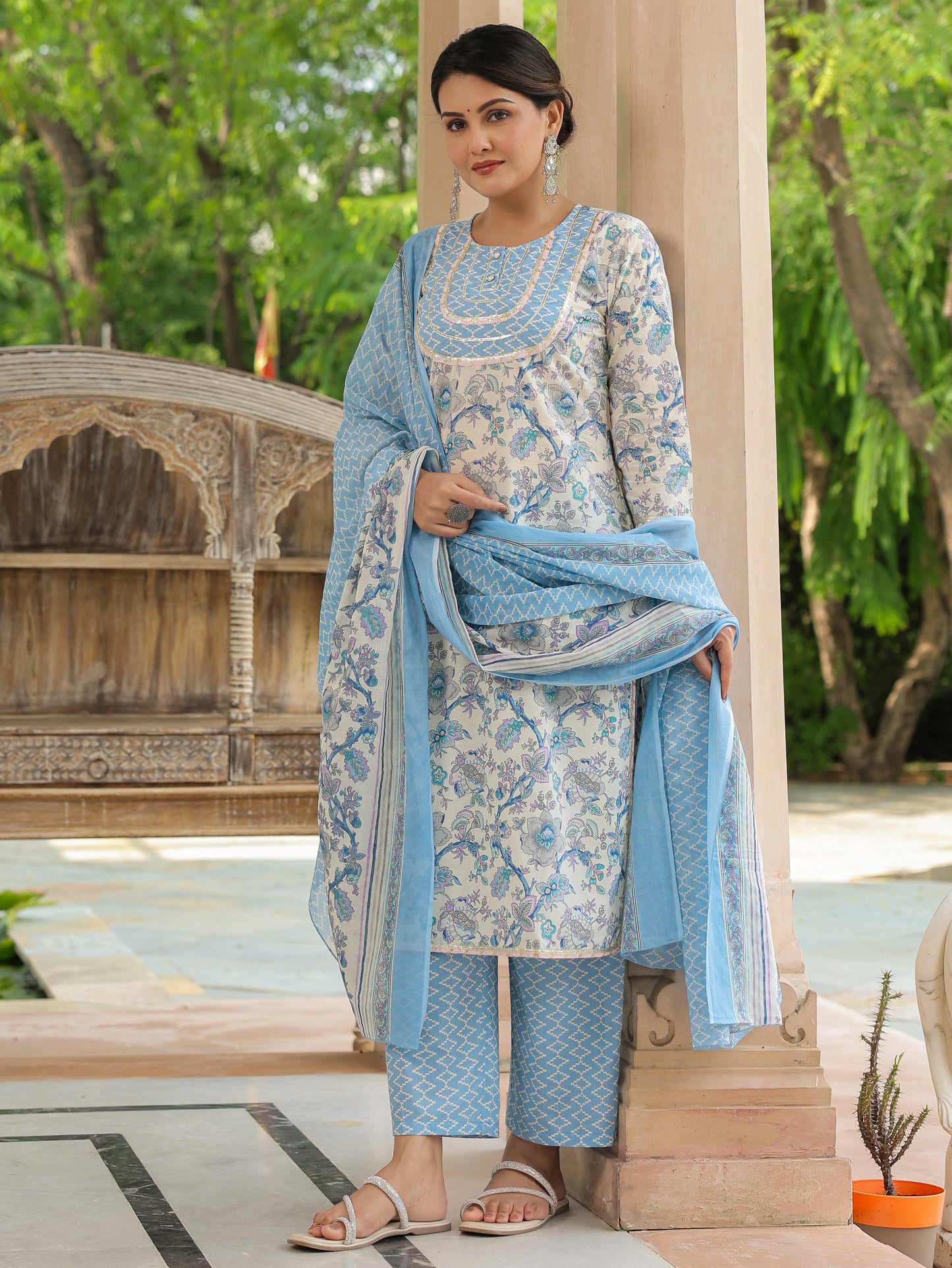 Soft Cotton Floral Straight Blue Kurta