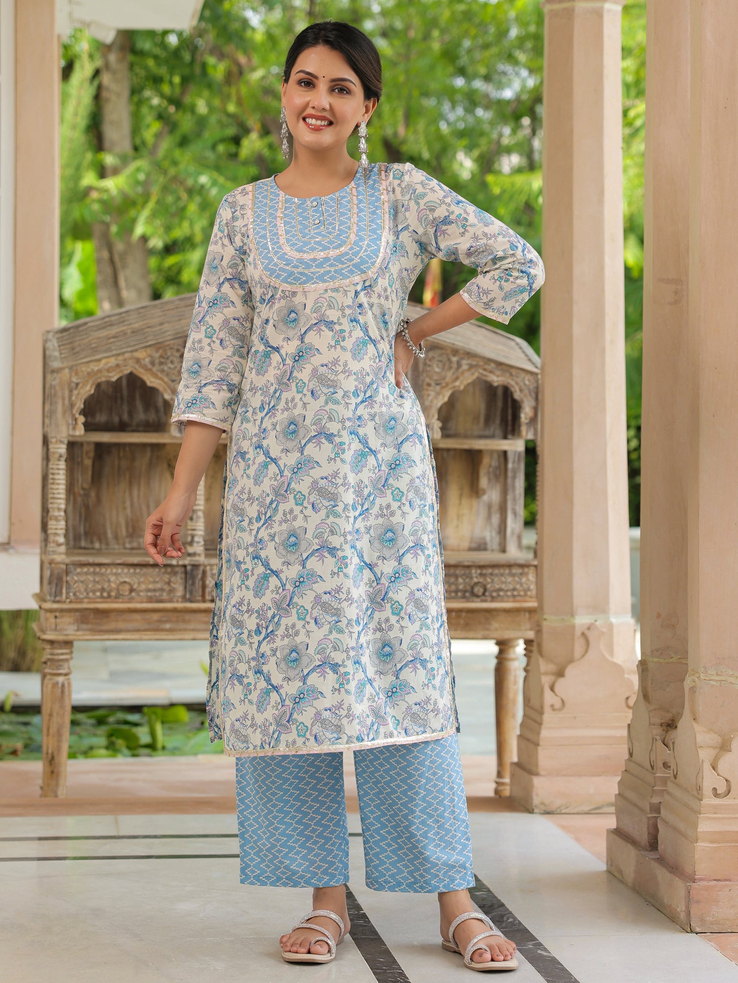 Soft Cotton Floral Straight Blue Kurta