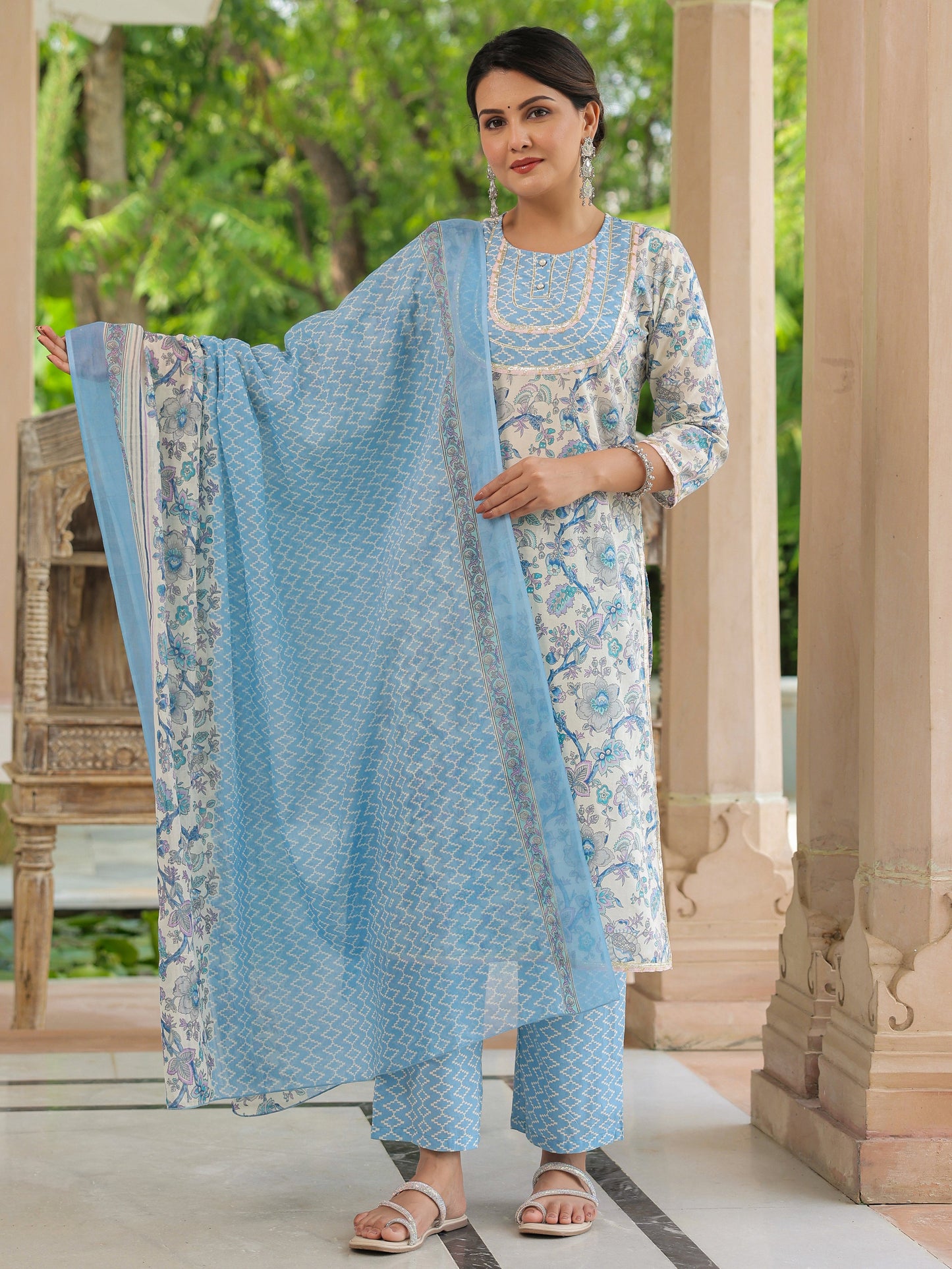 Soft Cotton Floral Straight Blue Kurta