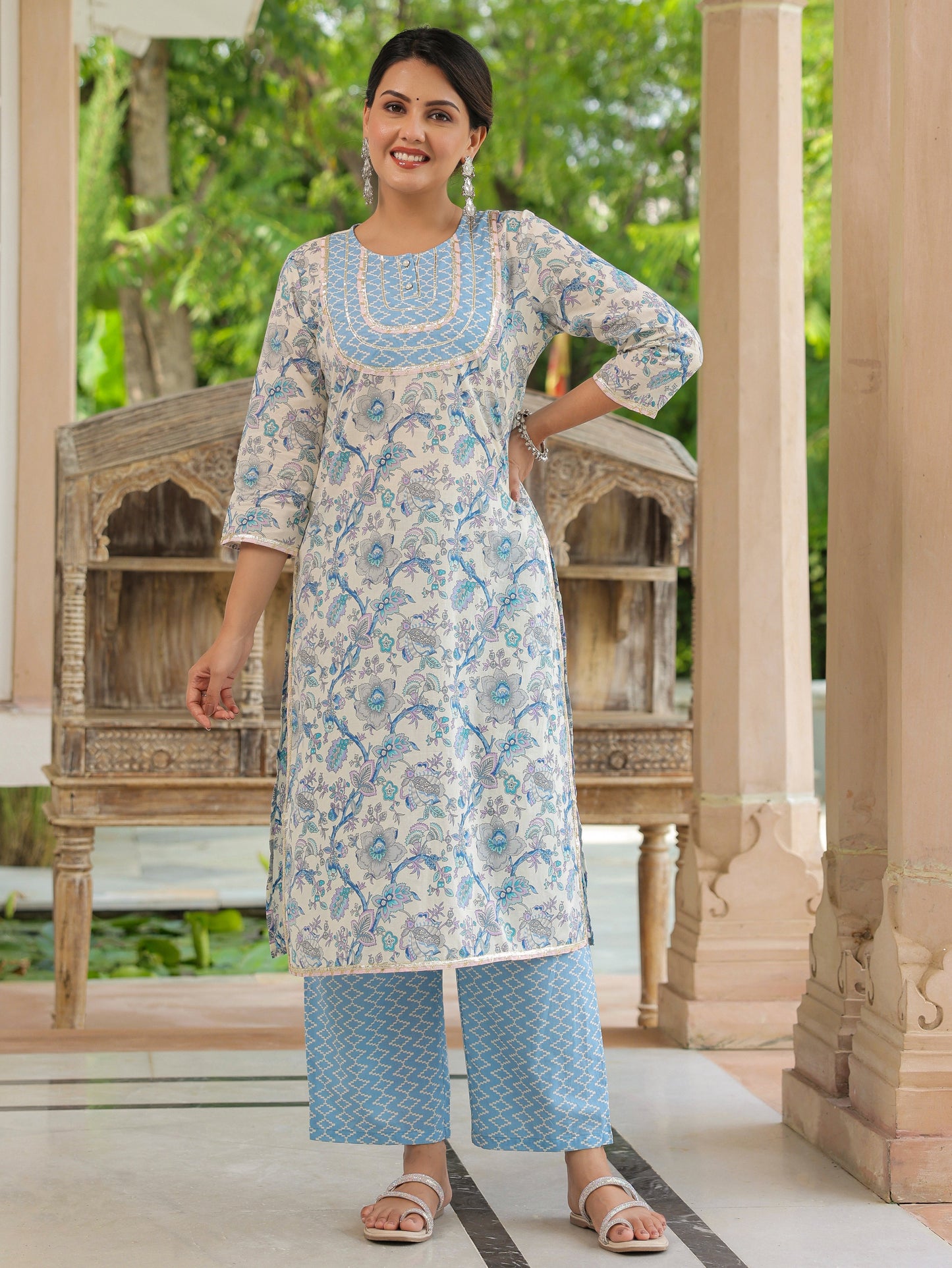 Soft Cotton Floral Straight Blue Kurta