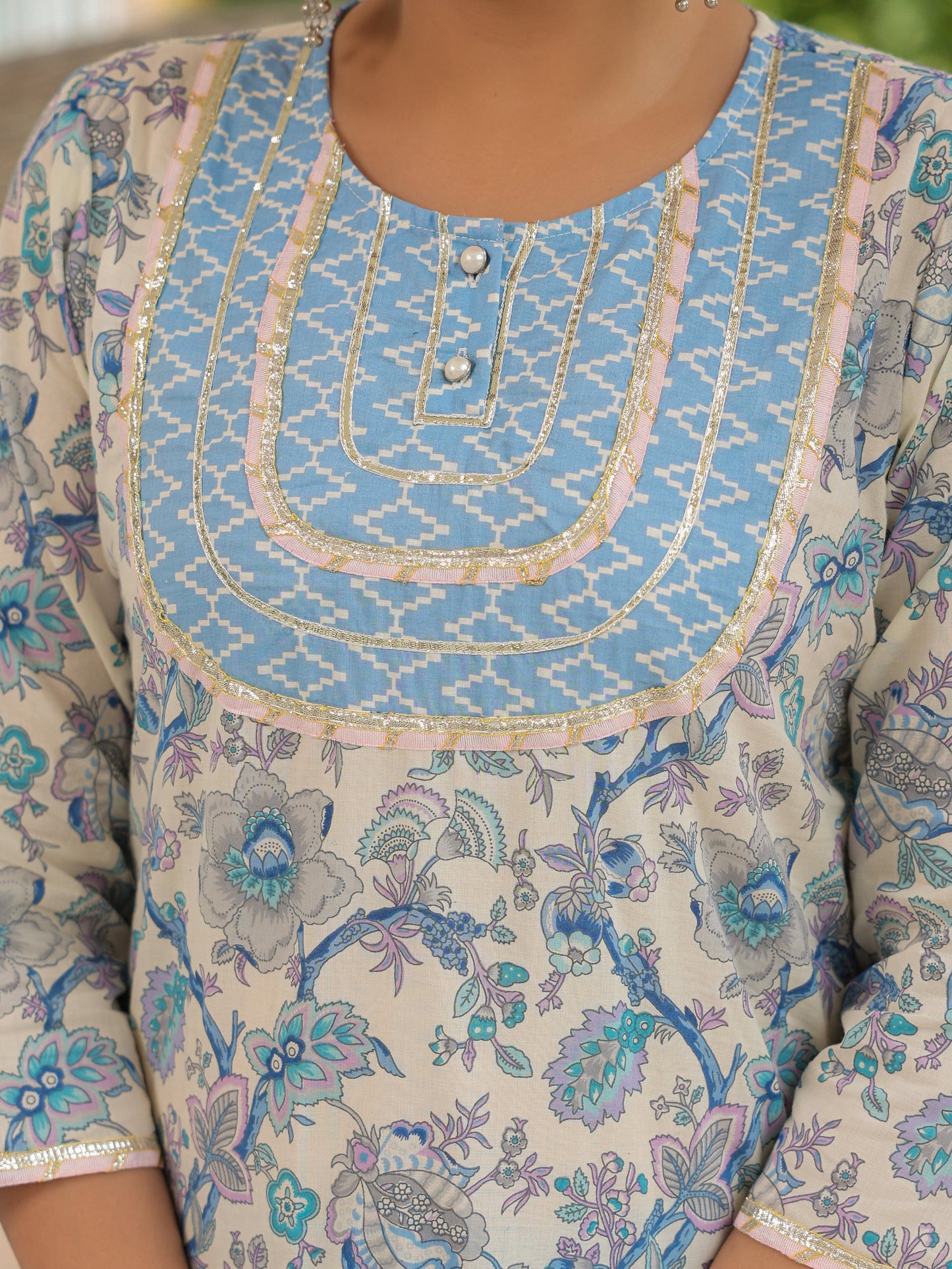 Soft Cotton Floral Straight Blue Kurta