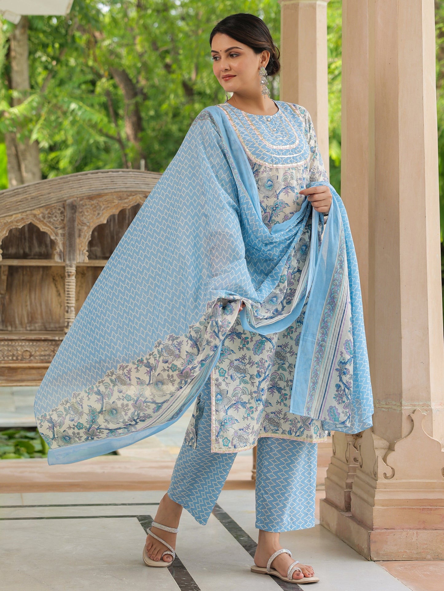 Soft Cotton Floral Straight Blue Kurta
