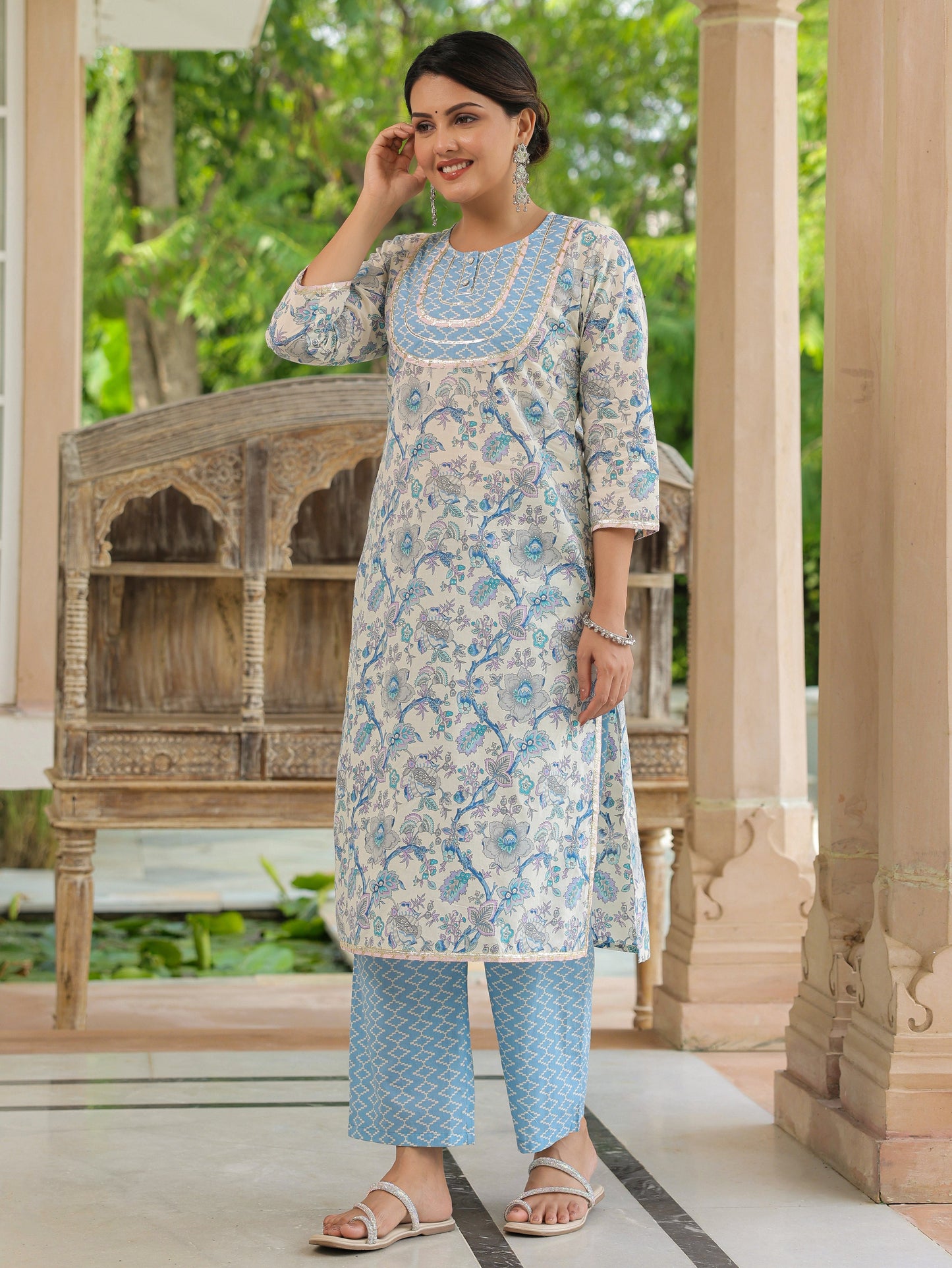 Soft Cotton Floral Straight Blue Kurta