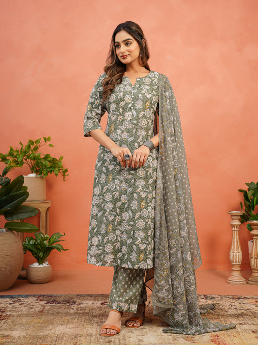 Cotton Voile Floral Green Dupatta