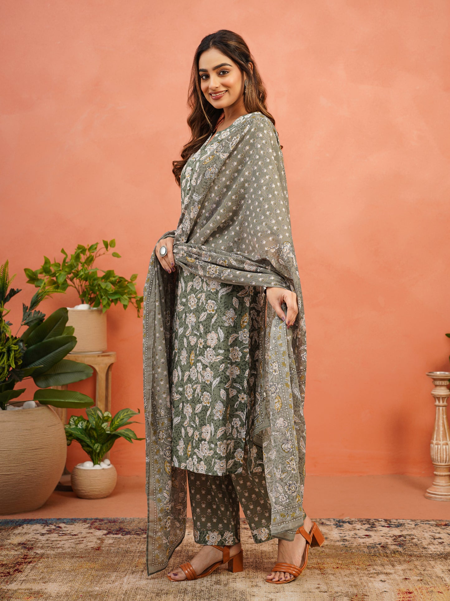Cotton Voile Floral Green Dupatta