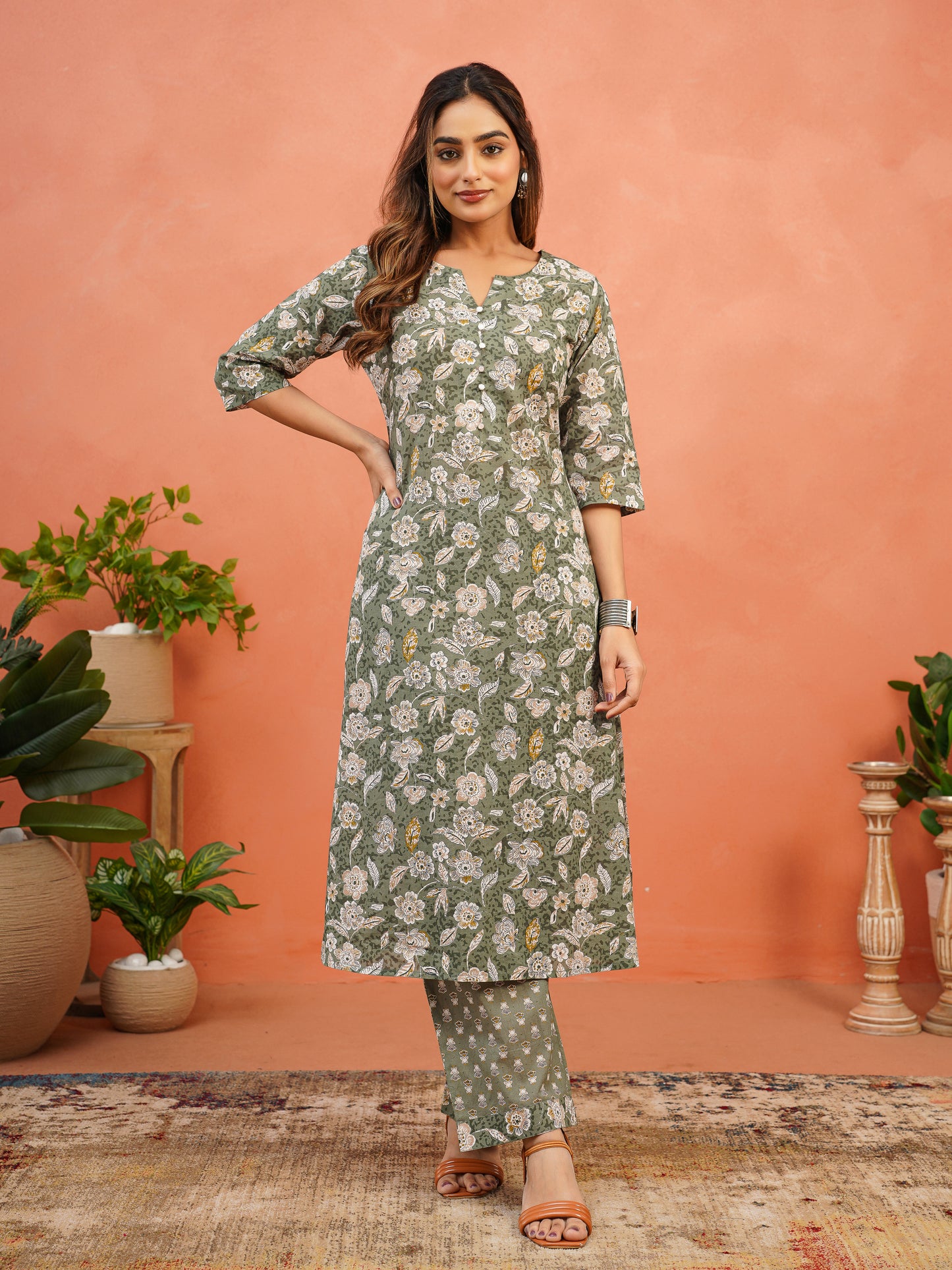 Soft Cotton Floral A-line Green Kurta