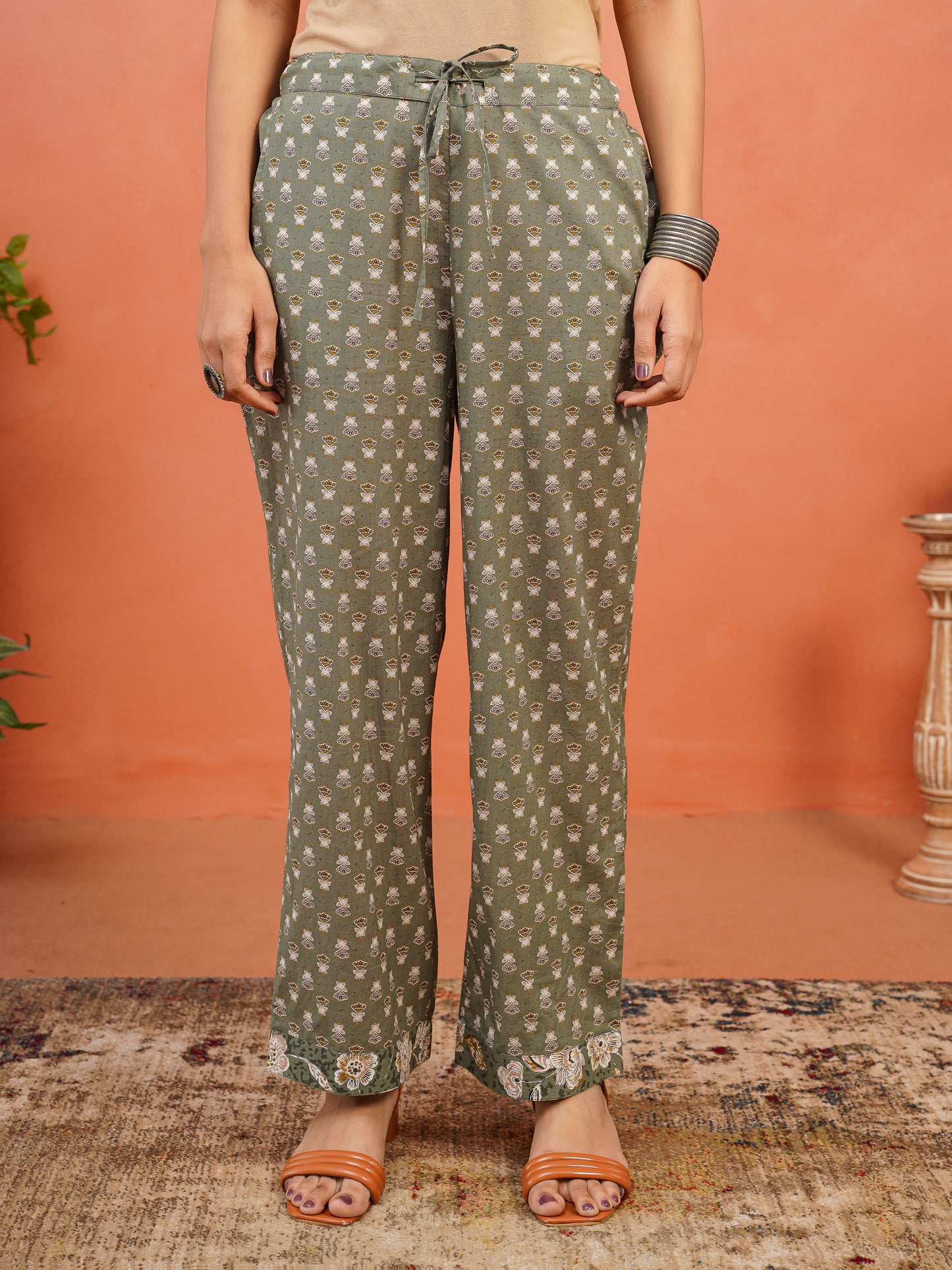 Soft Cotton Floral A-line Green Kurta