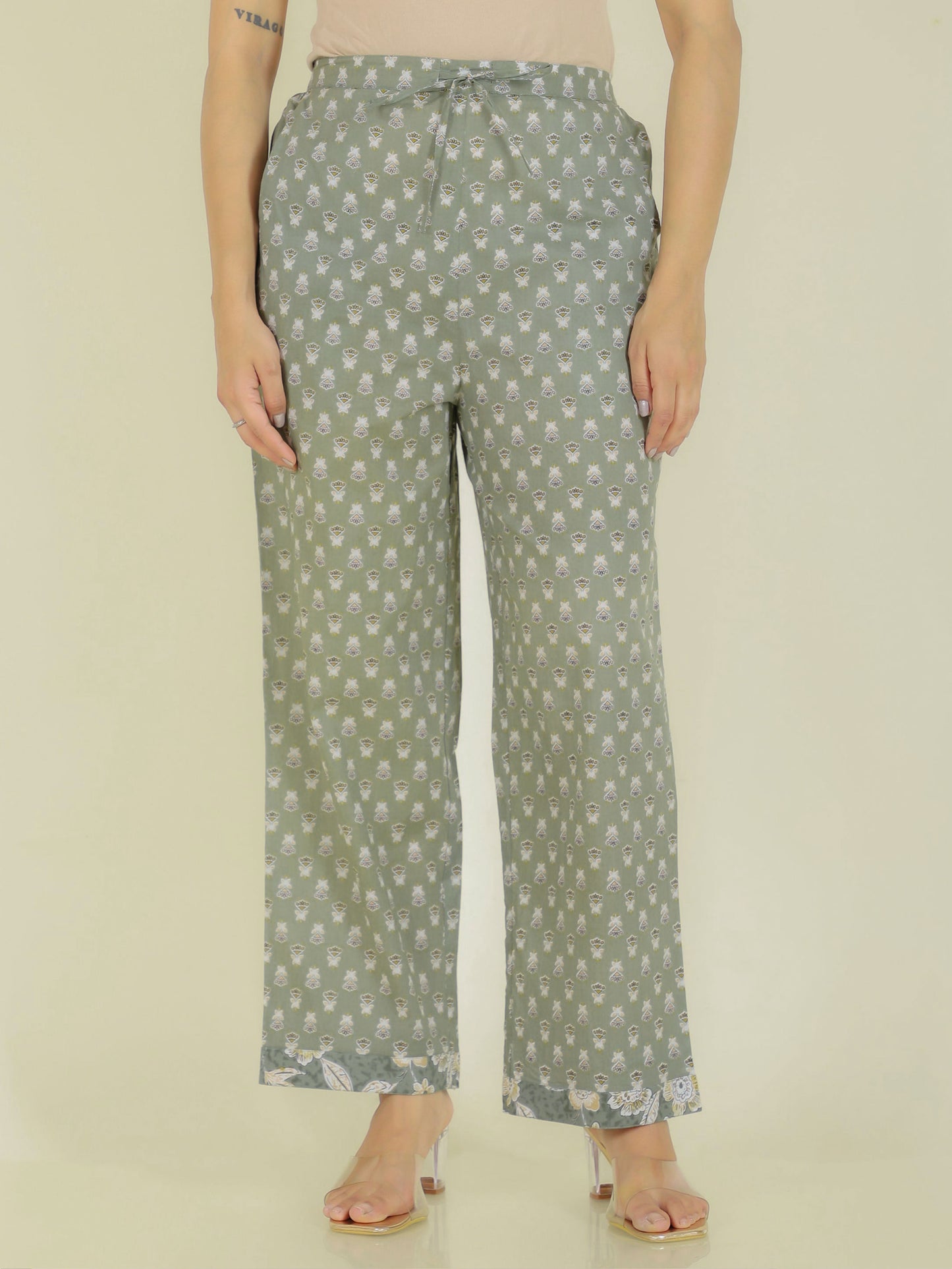 Soft Cotton Butti Green Straight Trousers
