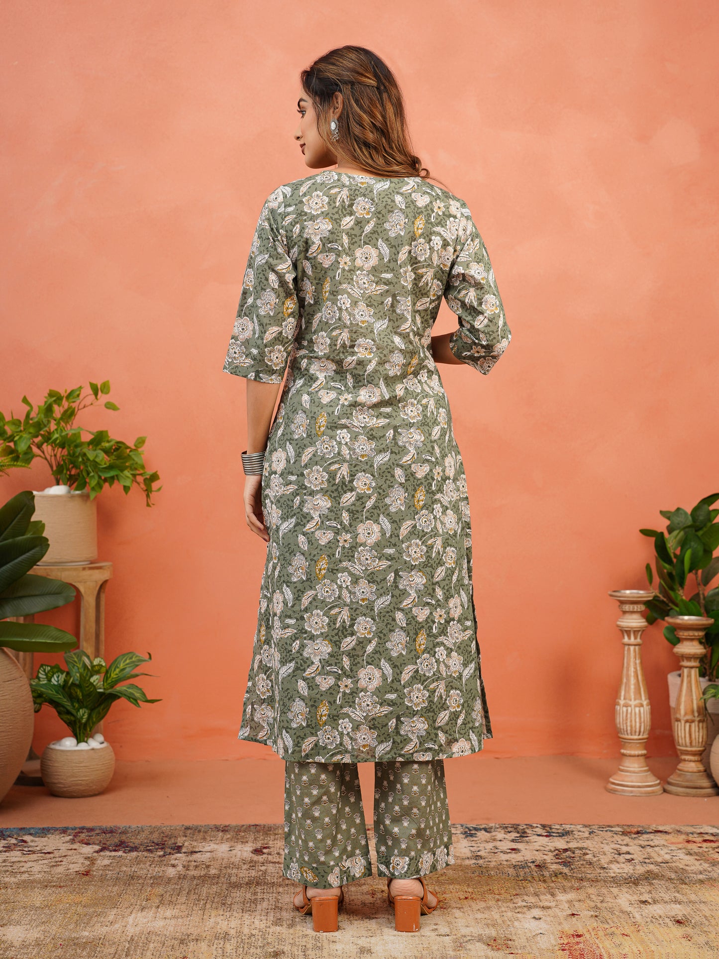 Soft Cotton Floral A-line Green Kurta